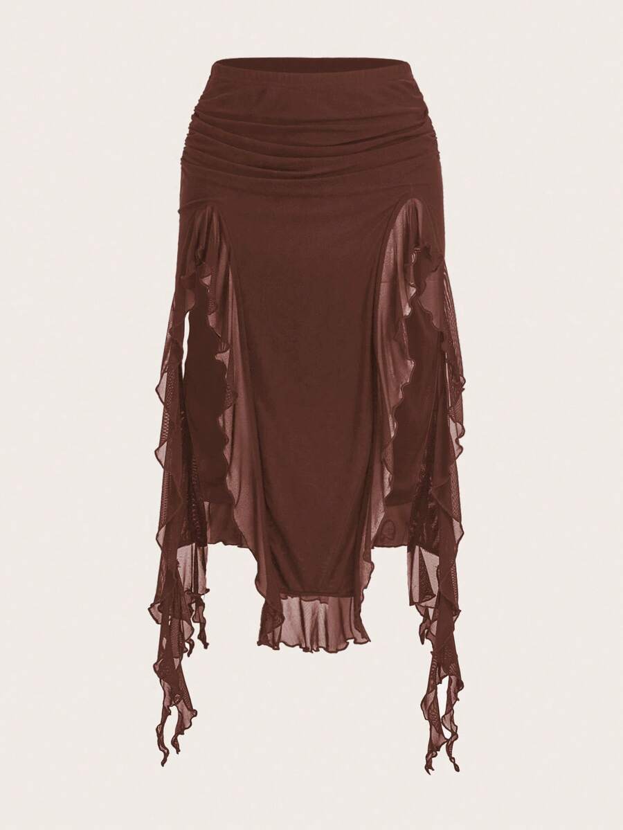 Women's black low rise asymmetrical midi skirt with ruched mesh fabric and layered ruffle hem