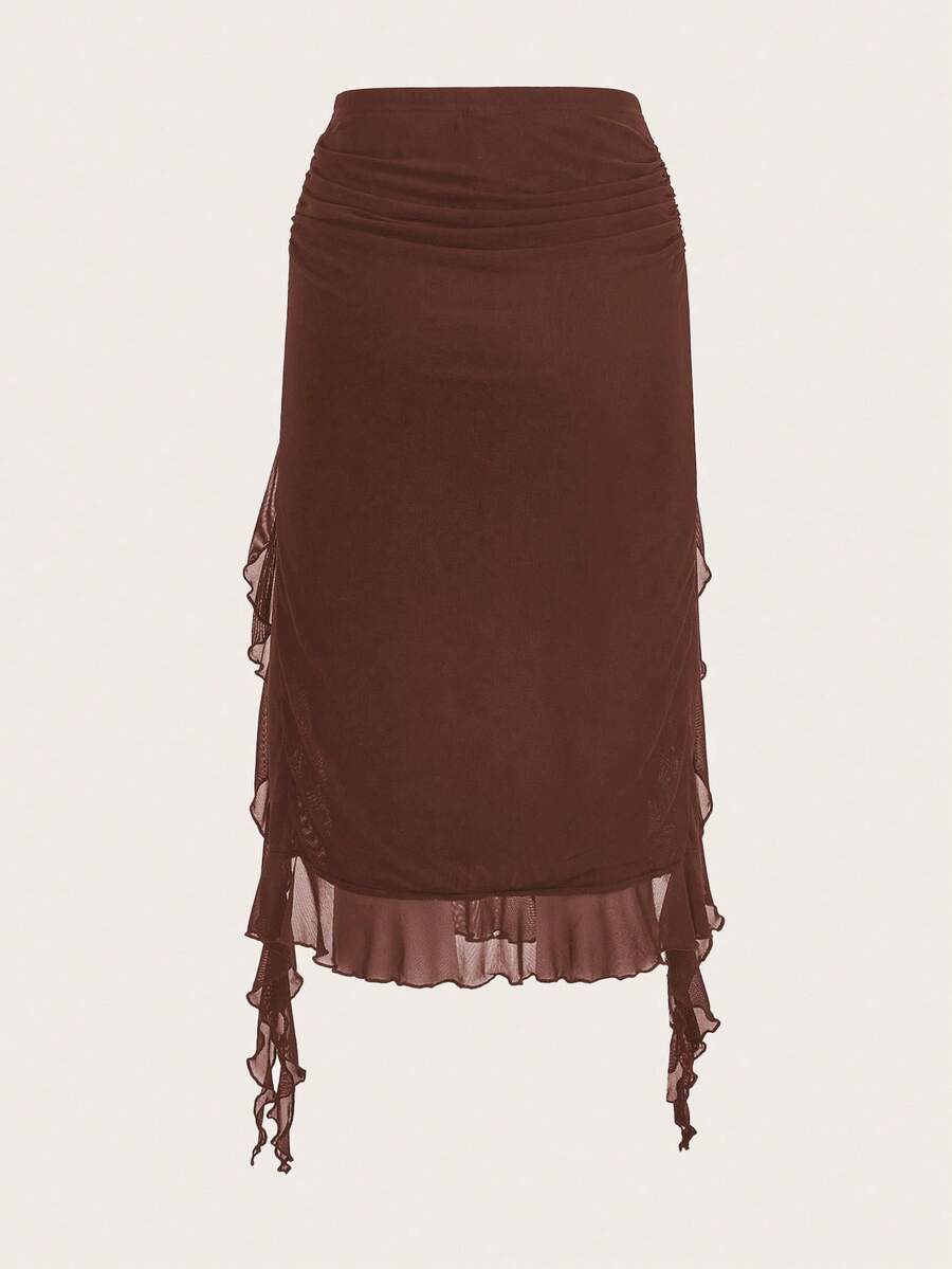 Women's black low rise asymmetrical midi skirt with ruched mesh fabric and layered ruffle hem
