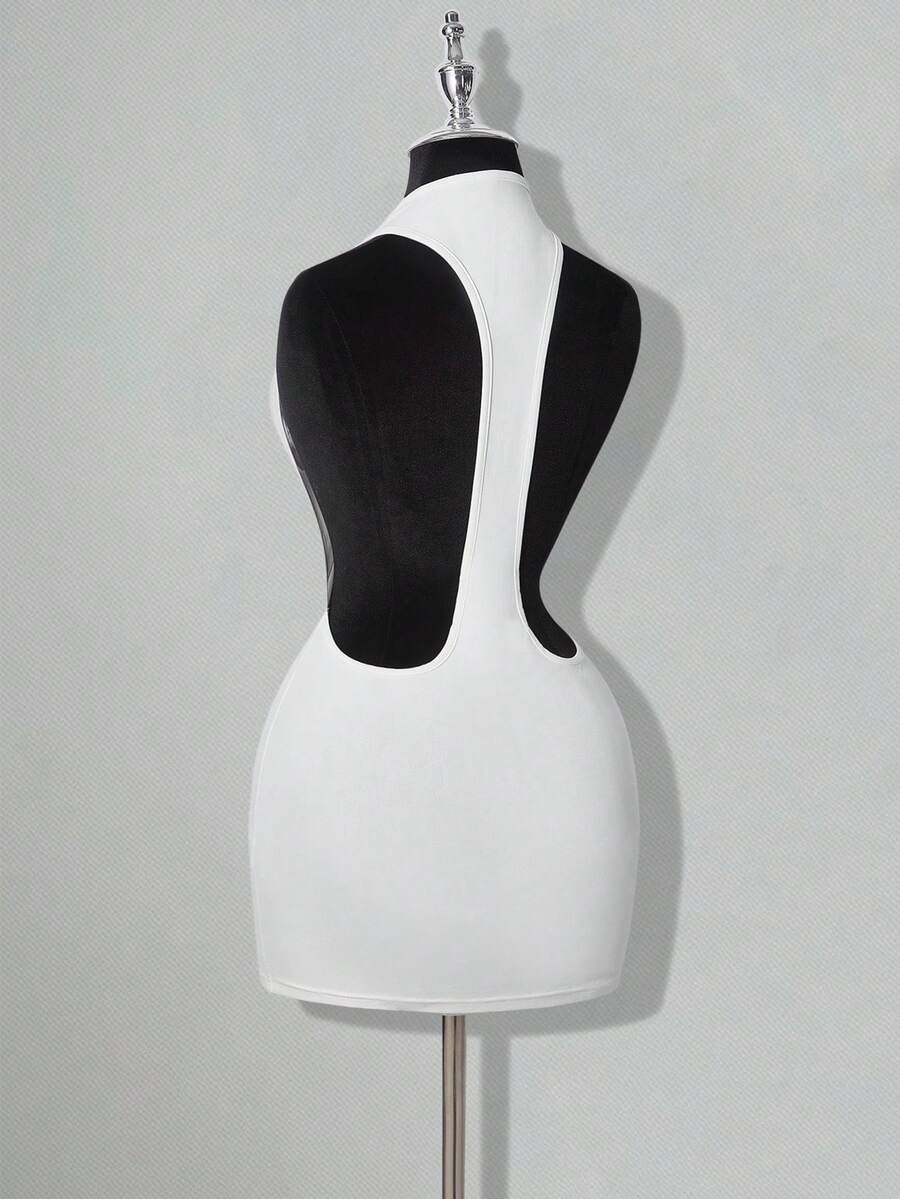 Apricot criss-cross backless bodycon mini dress for women featuring a round neck and rhinestone accent details.
