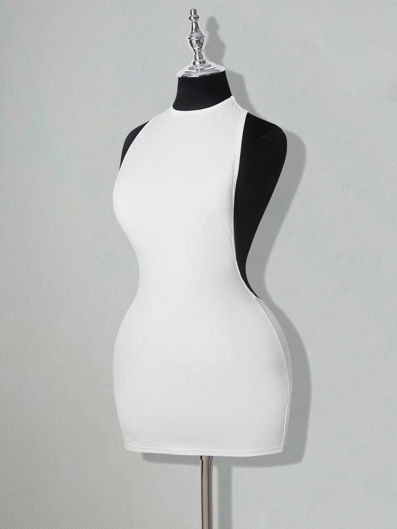 Apricot criss-cross backless bodycon mini dress for women featuring a round neck and rhinestone accent details.