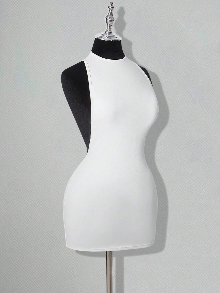 Apricot criss-cross backless bodycon mini dress for women featuring a round neck and rhinestone accent details.