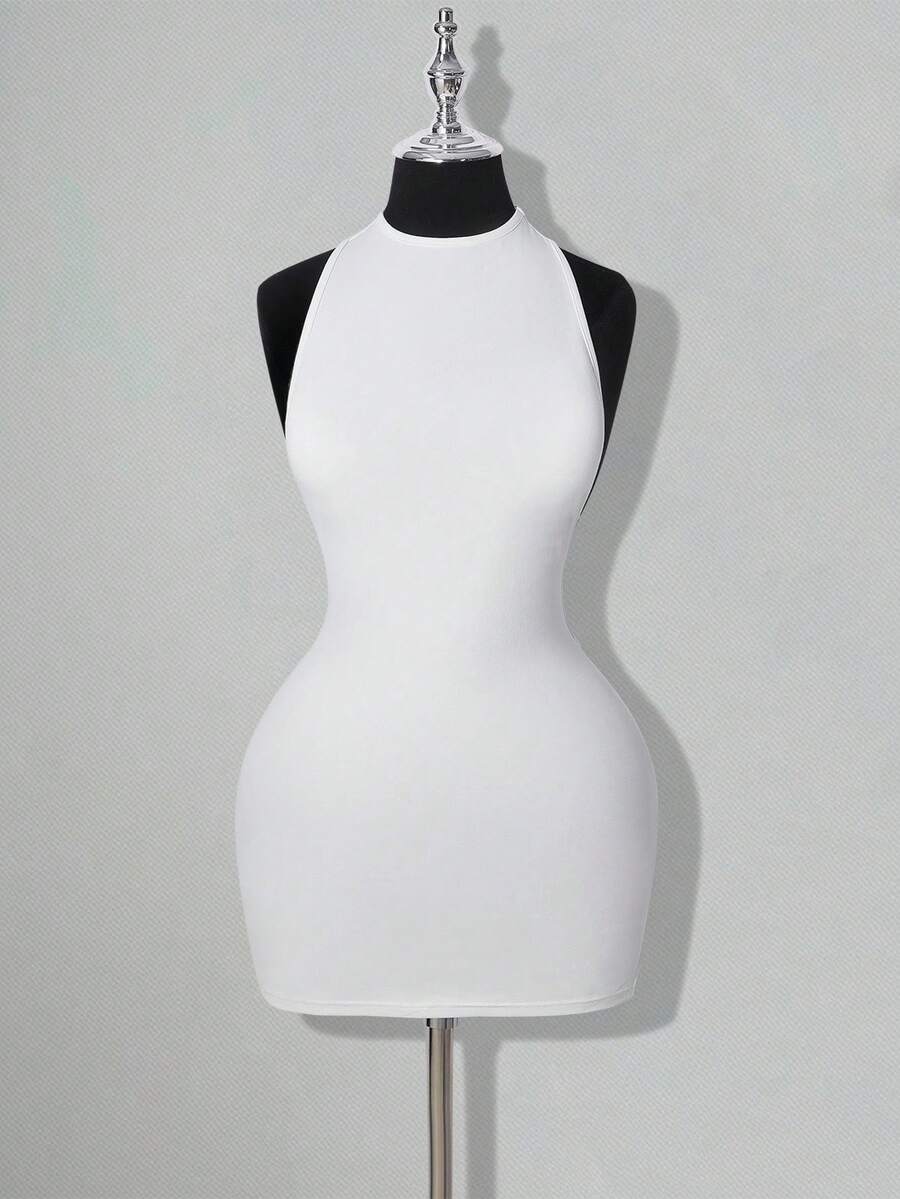 Apricot criss-cross backless bodycon mini dress for women featuring a round neck and rhinestone accent details.