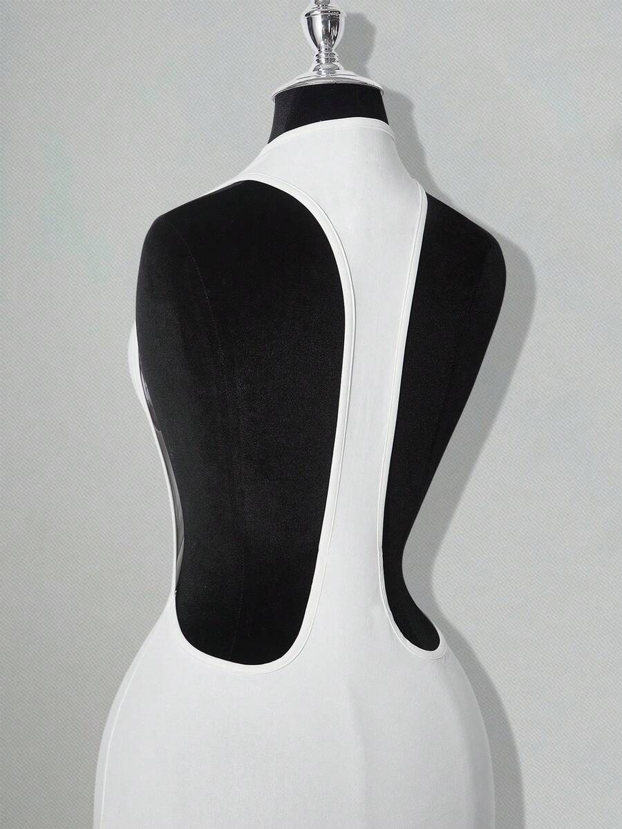 Apricot criss-cross backless bodycon mini dress for women featuring a round neck and rhinestone accent details.