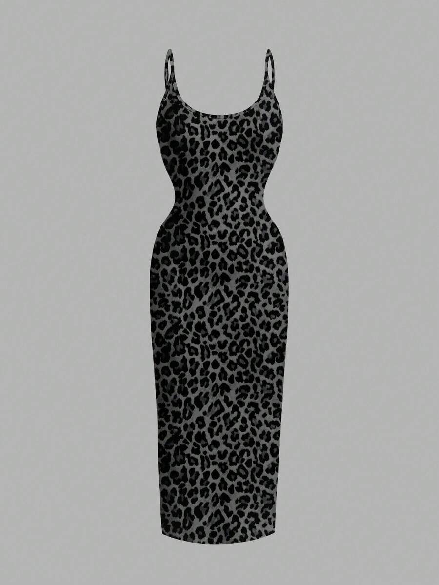 Women's minimalist floral daisy print bodycon cami dress with spaghetti straps, backless cut, high waist, and split thigh slit.