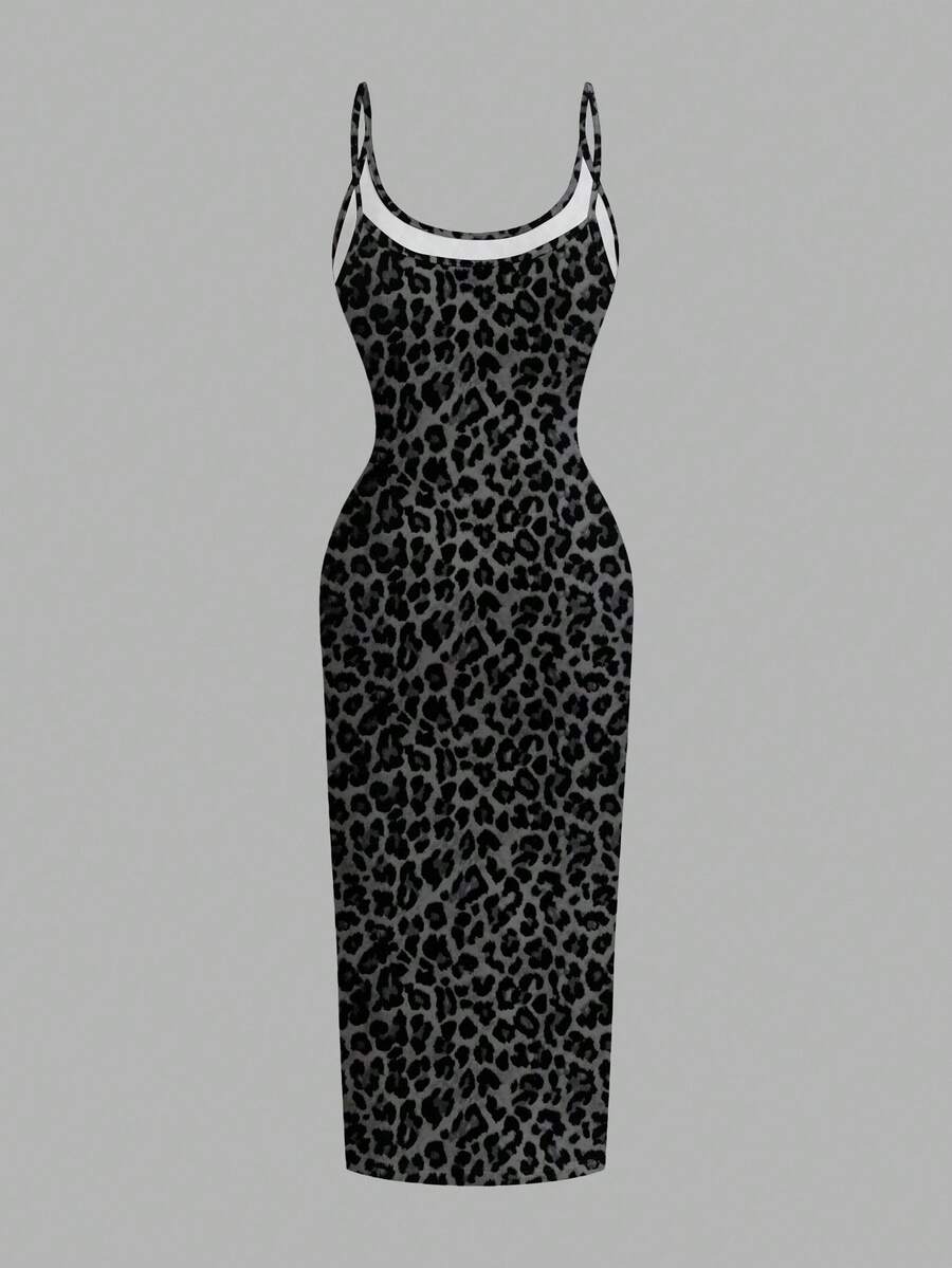 Women's minimalist floral daisy print bodycon cami dress with spaghetti straps, backless cut, high waist, and split thigh slit.