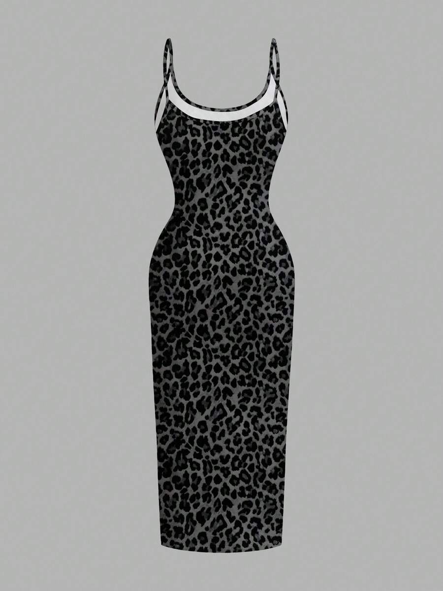Women's minimalist floral daisy print bodycon cami dress with spaghetti straps, backless cut, high waist, and split thigh slit.