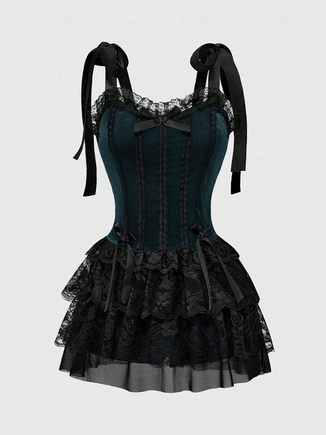 Army green gothic velvet mini dress for women featuring contrast lace trim, bow detail, high waist A-line silhouette, and spaghetti straps.