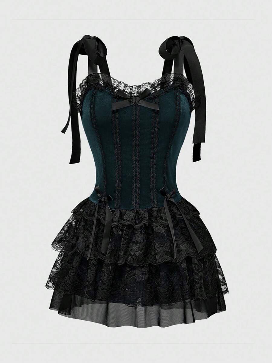 Army green gothic velvet mini dress for women featuring contrast lace trim, bow detail, high waist A-line silhouette, and spaghetti straps.