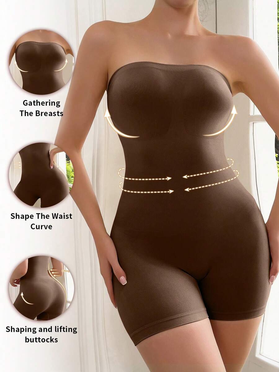 Women's seamless strapless shapewear romper in apricot with medium support targeting tummy, waist, and thighs.