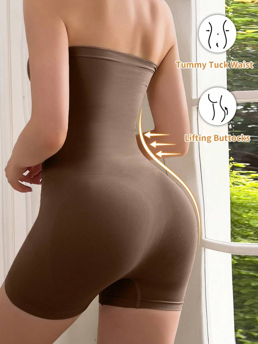 Women's seamless strapless shapewear romper in apricot with medium support targeting tummy, waist, and thighs.