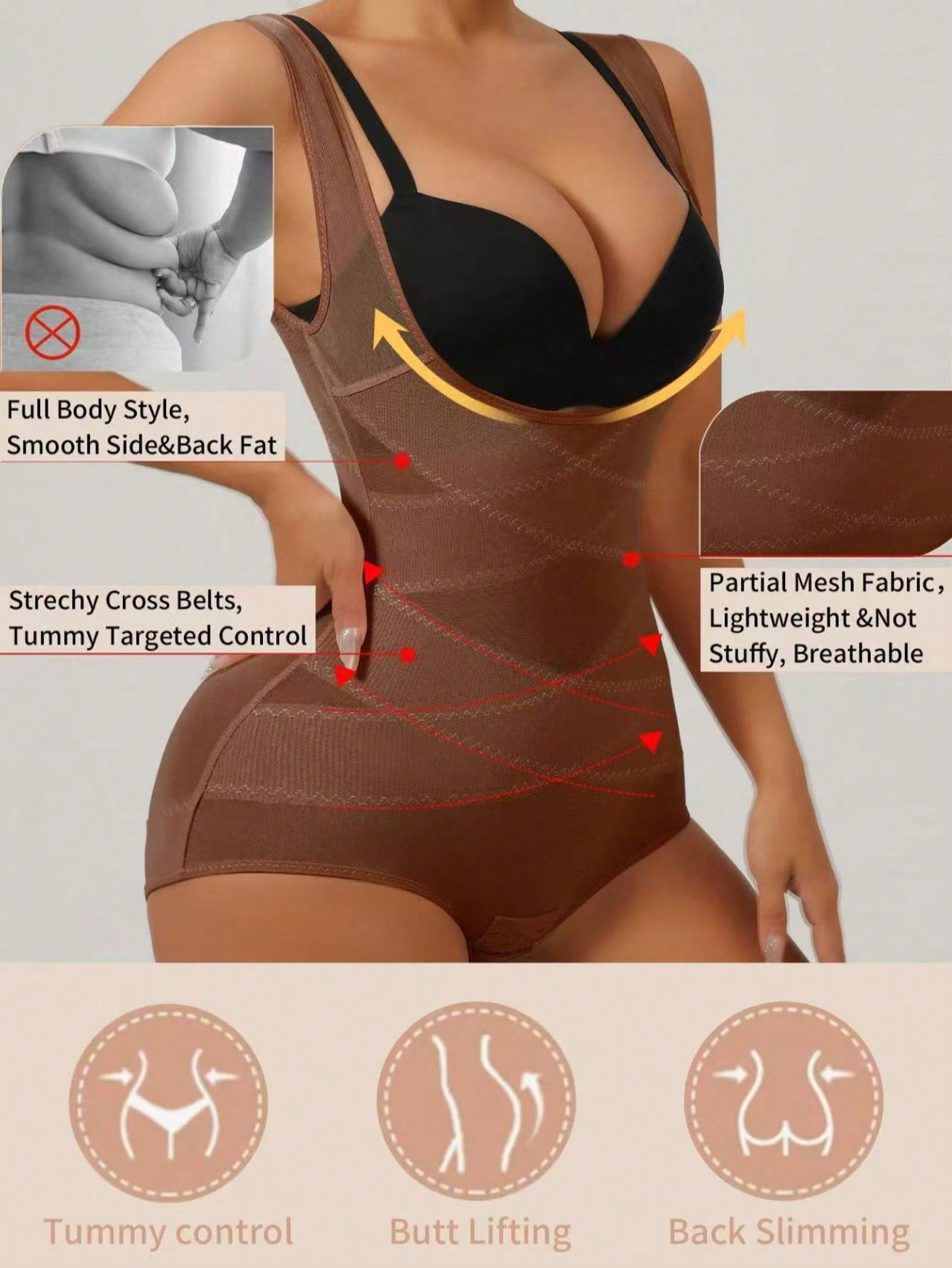 Apricot semi-sheer mesh shapewear bodysuit for women featuring a low-cut neckline, bust support, contrast mesh details, and Bermuda shorts length.