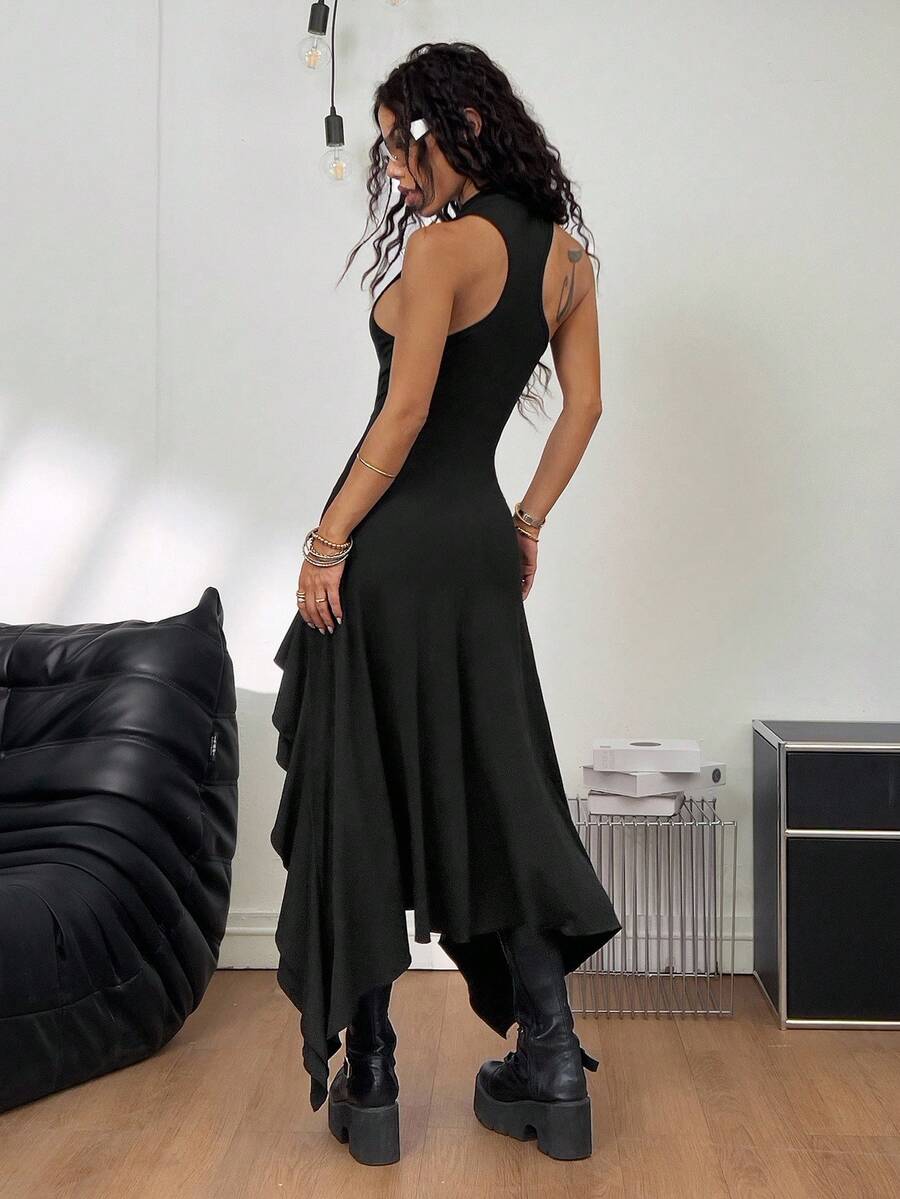 Women wearing a sleeveless army green long dress with a round neck and asymmetrical ruffle hem.