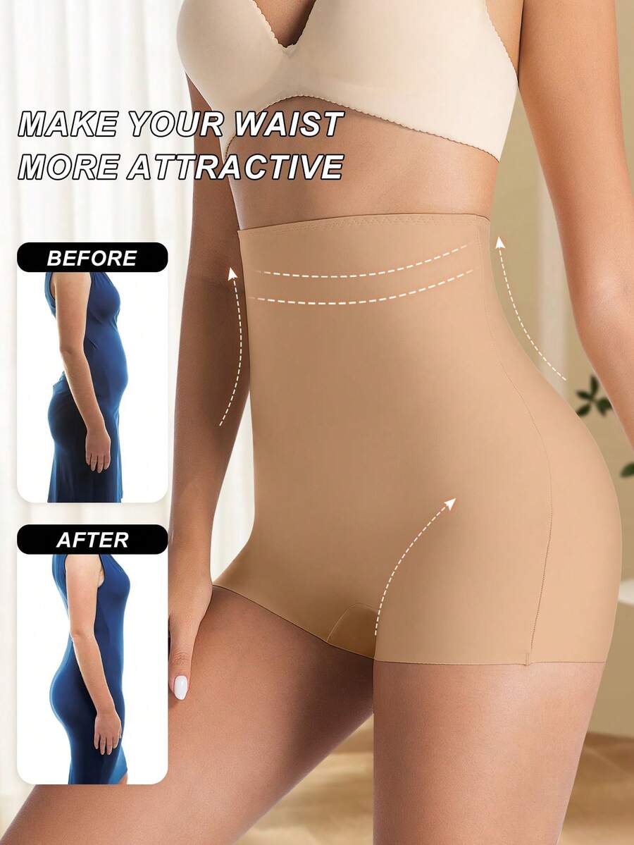 Women wearing apricot high waist tummy control seamless shapewear shorts.