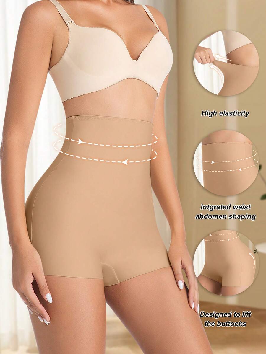 Women wearing apricot high waist tummy control seamless shapewear shorts.
