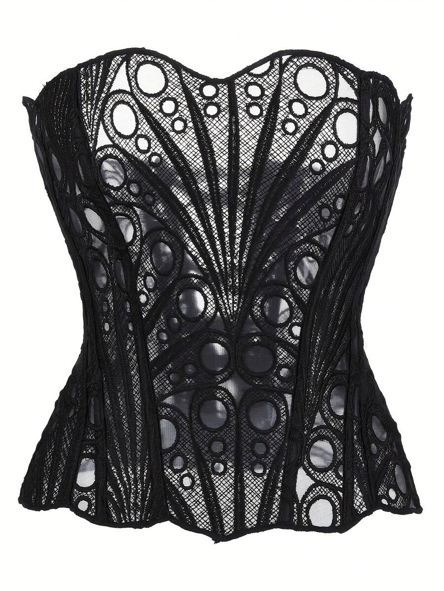 Black lace shaping camisole top with a tie-back detail and grommet eyelet accents, designed for women with slight stretch and ultra-light support.