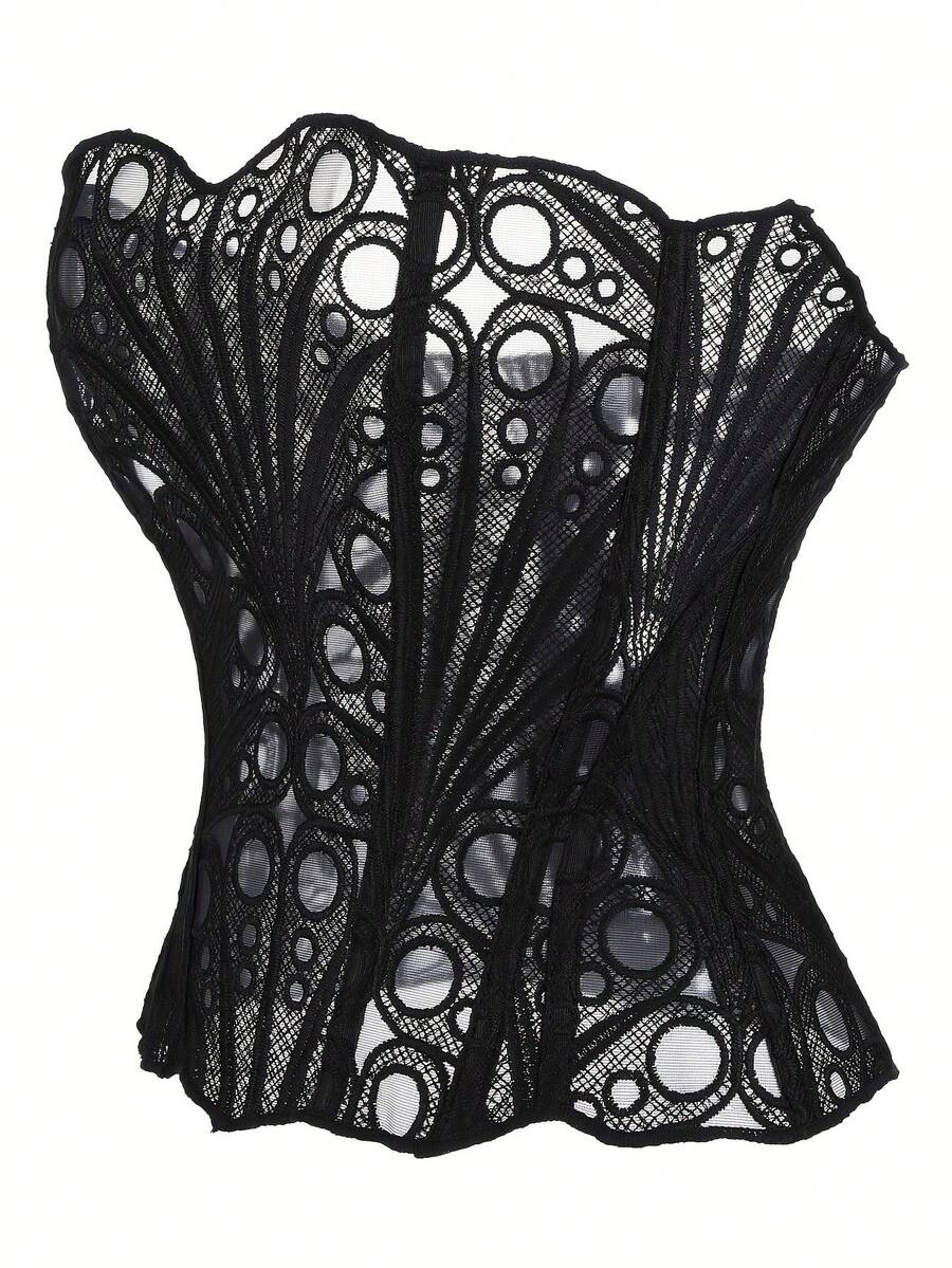 Black lace shaping camisole top with a tie-back detail and grommet eyelet accents, designed for women with slight stretch and ultra-light support.