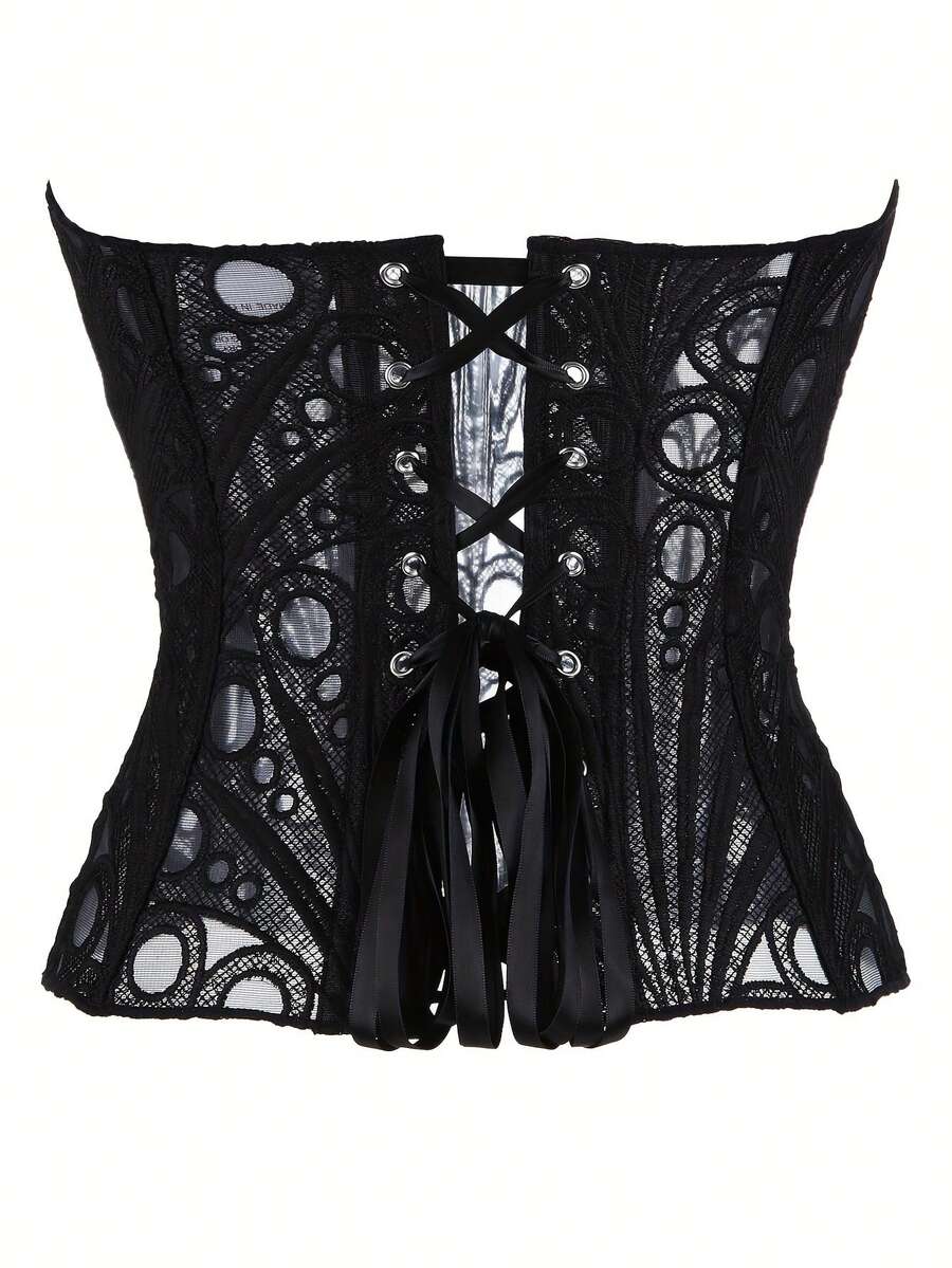 Black lace shaping camisole top with a tie-back detail and grommet eyelet accents, designed for women with slight stretch and ultra-light support.