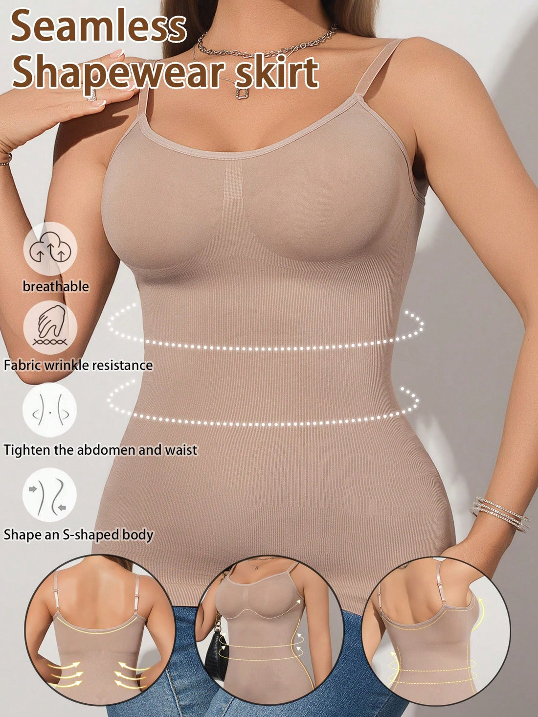 Women's apricot seamless waist shaping bodysuit featuring adjustable shoulder straps and wireless design