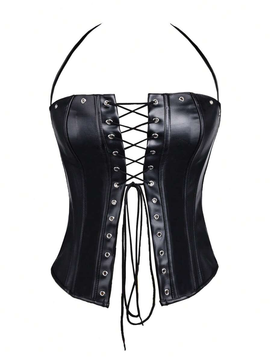 Black PU leather backless halter corset crop top featuring front lace-up detailing and slit hem.