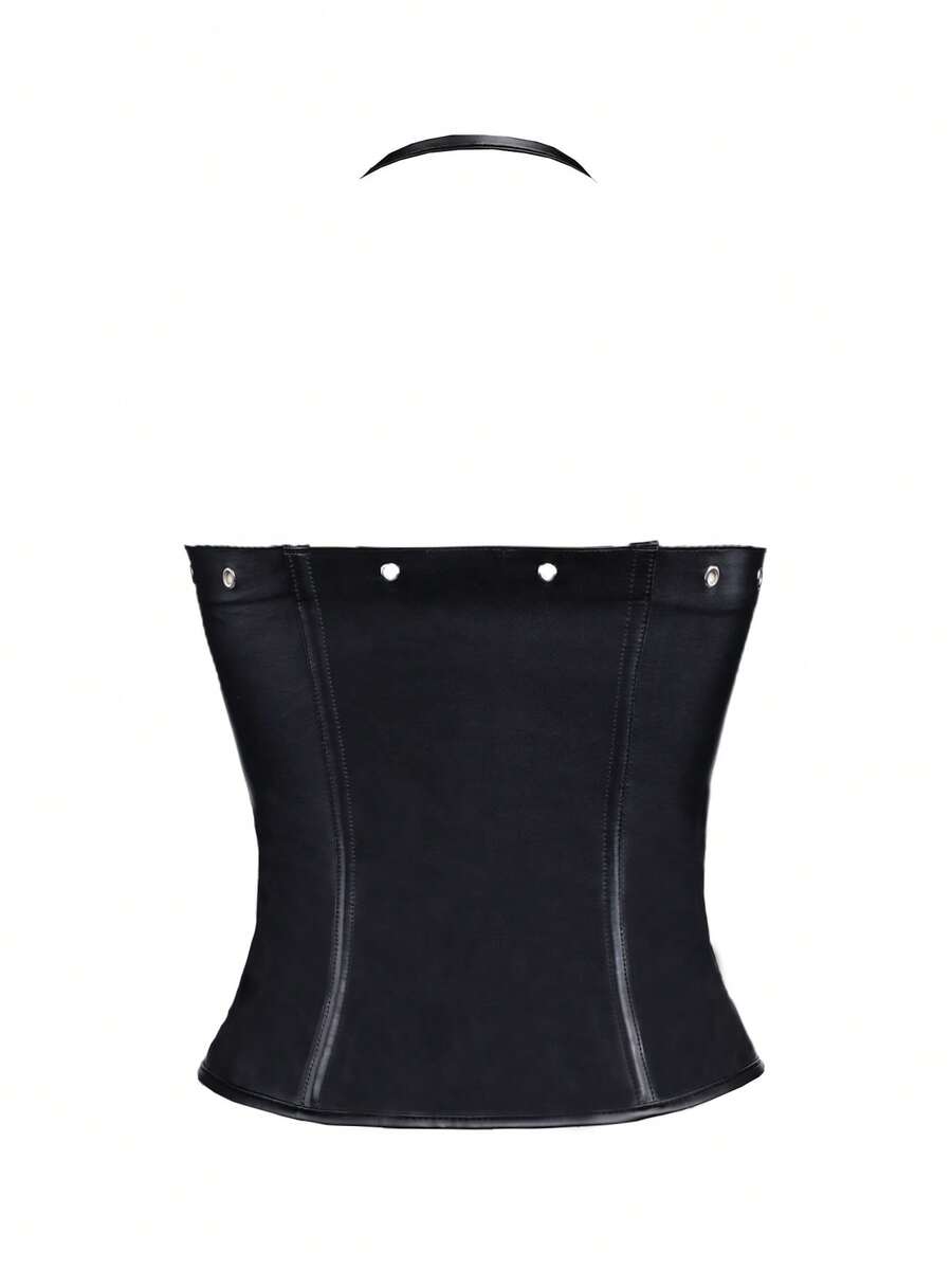Black PU leather backless halter corset crop top featuring front lace-up detailing and slit hem.