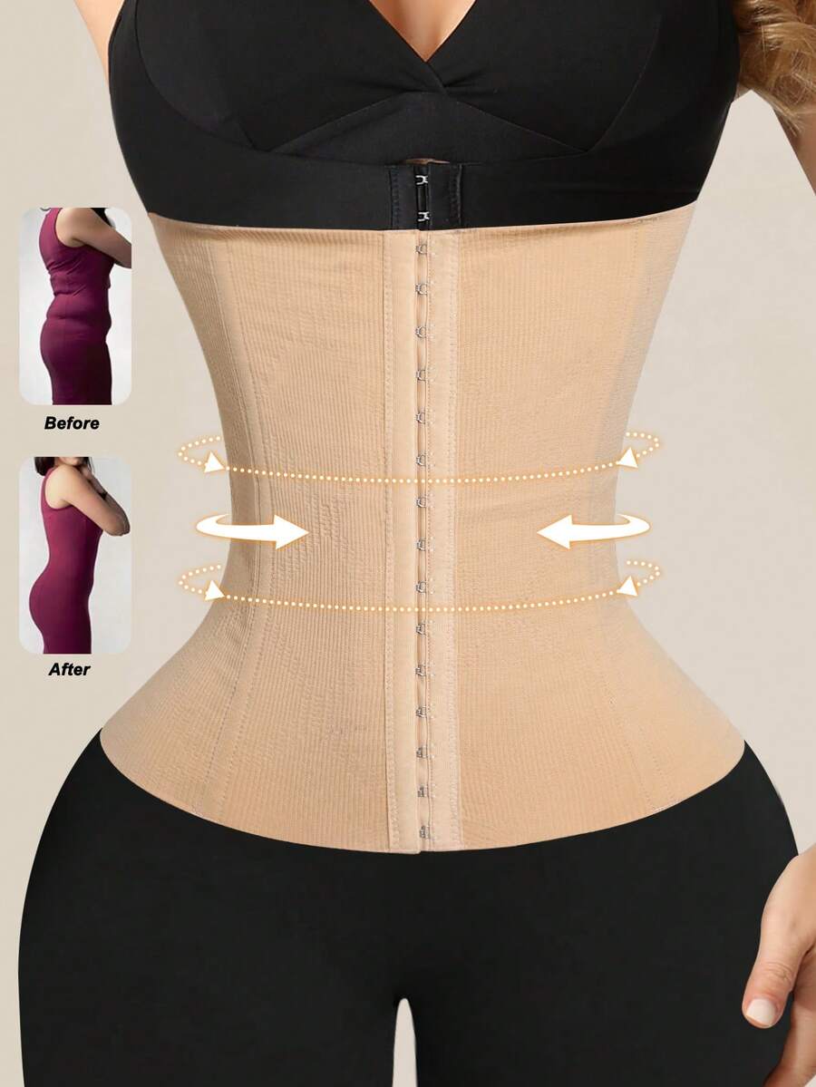 Apricot women's waist trainer body shaper featuring a button front design, high stretch knitted fabric, and strong tummy control support.