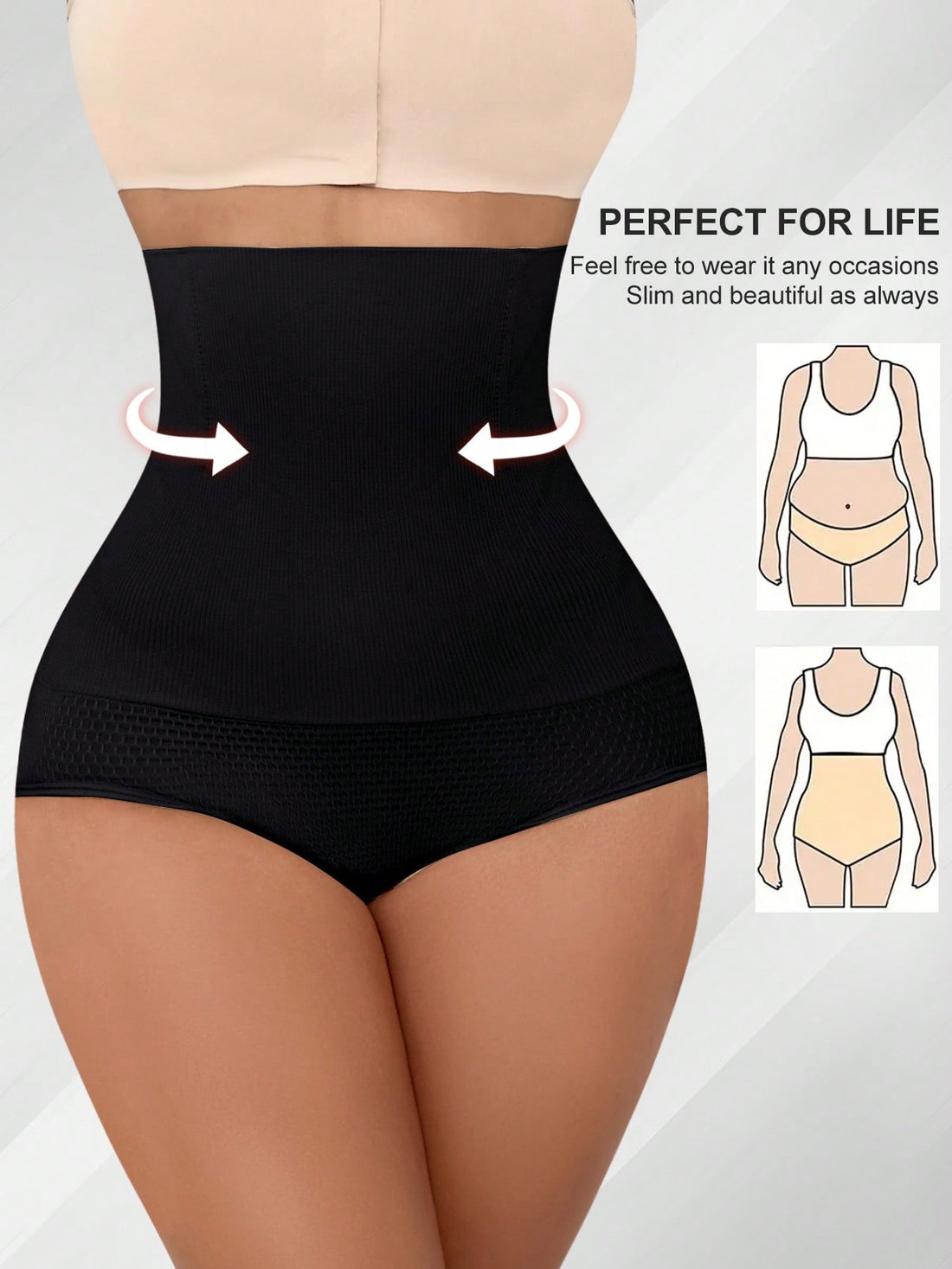 Black high-waisted seamless tummy control shapewear panties for women featuring strong support.