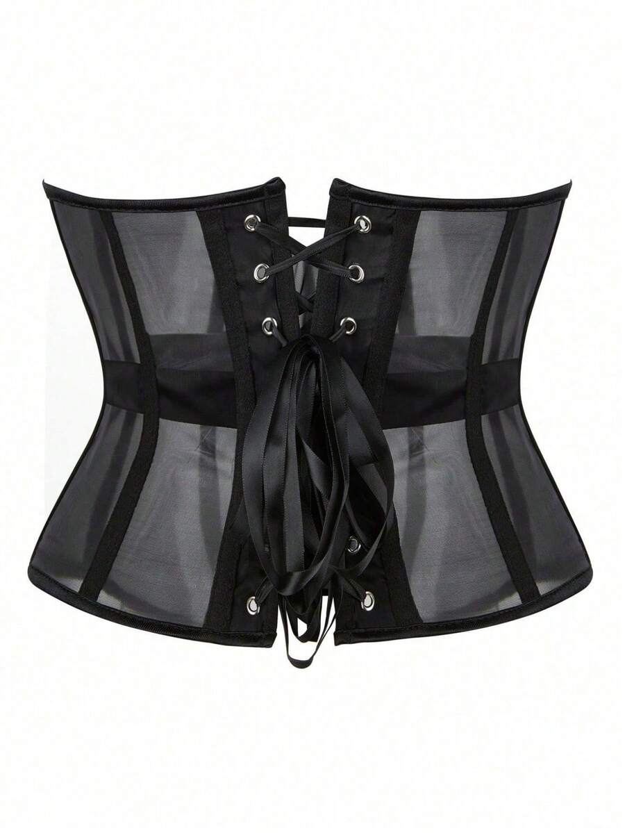 Women's apricot mesh shaping short corset with a lace-up front detail and slim-fit waist shaper design.