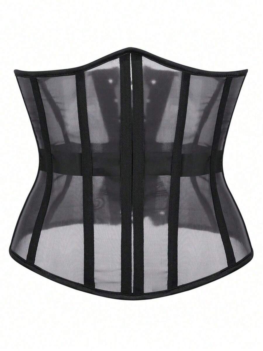 Women's apricot mesh shaping short corset with a lace-up front detail and slim-fit waist shaper design.
