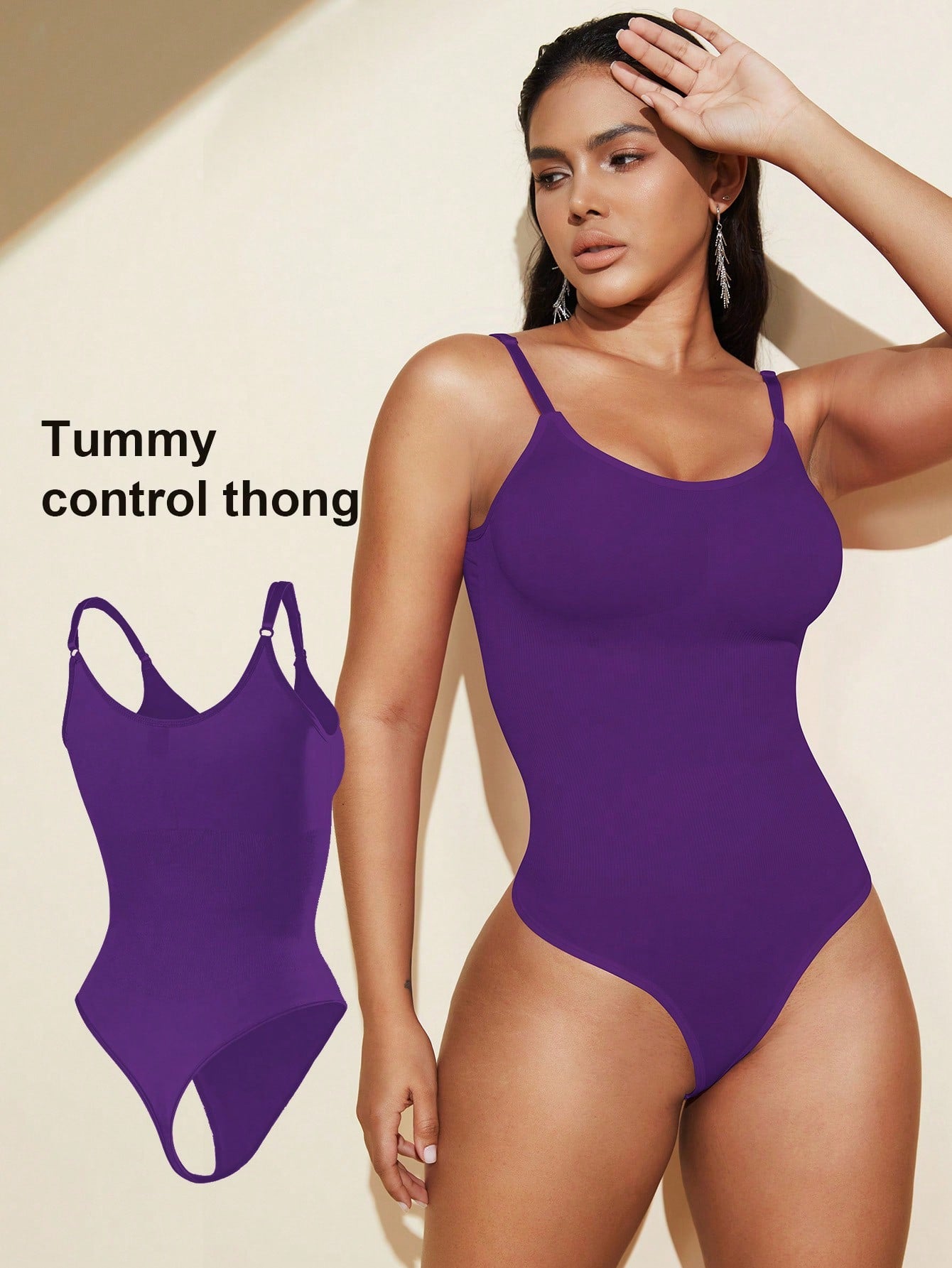 Brown seamless shapewear bodysuit featuring backless design, thong bottom, non-removable padding, and high-stretch fabric for tummy and waist control.