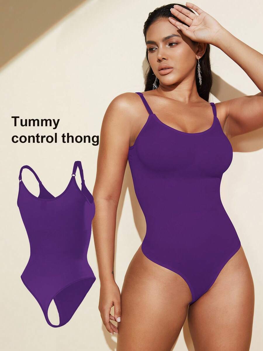 Brown seamless shapewear bodysuit featuring backless design, thong bottom, non-removable padding, and high-stretch fabric for tummy and waist control.