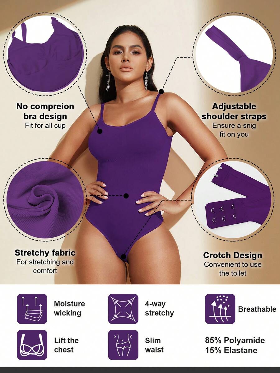 Brown seamless shapewear bodysuit featuring backless design, thong bottom, non-removable padding, and high-stretch fabric for tummy and waist control.