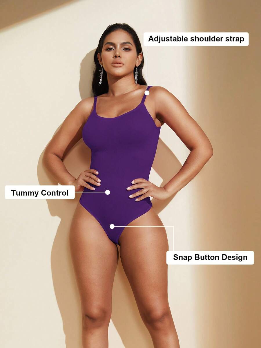 Brown seamless shapewear bodysuit featuring backless design, thong bottom, non-removable padding, and high-stretch fabric for tummy and waist control.
