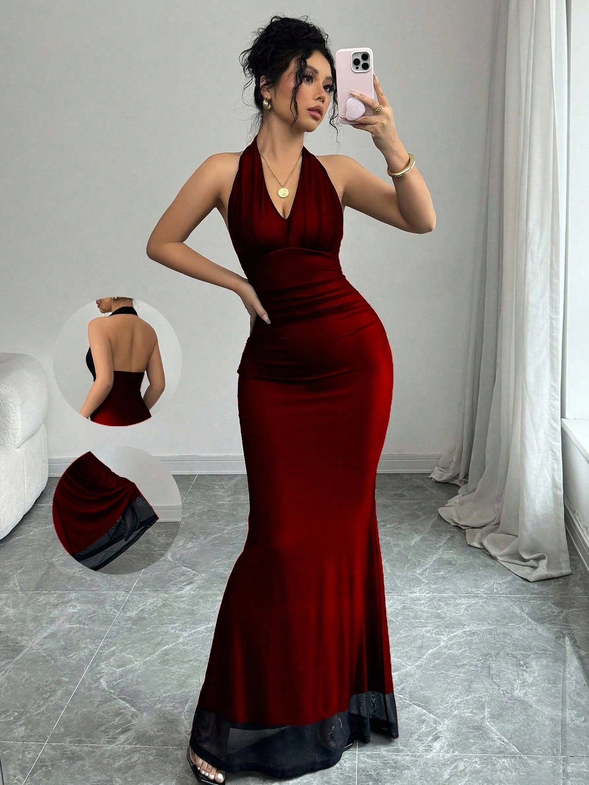 Women's long sleeve mermaid bodycon dress in high-stretch mesh fabric featuring a halter backless neckline, ruched high waist, and slim fit silhouette for formal evening wear.
