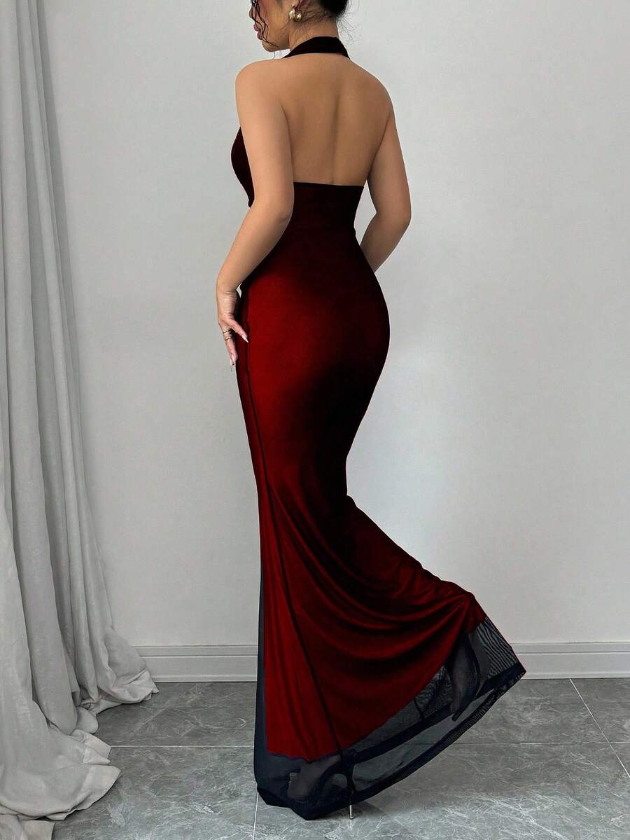 Women's long sleeve mermaid bodycon dress in high-stretch mesh fabric featuring a halter backless neckline, ruched high waist, and slim fit silhouette for formal evening wear.