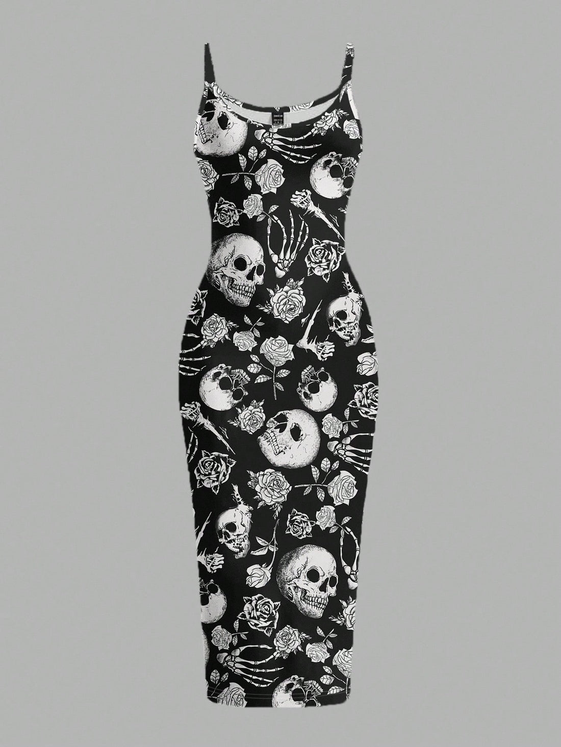 Women's gothic skull and rose bodycon midi slip dress featuring spaghetti straps and a side split thigh hem.