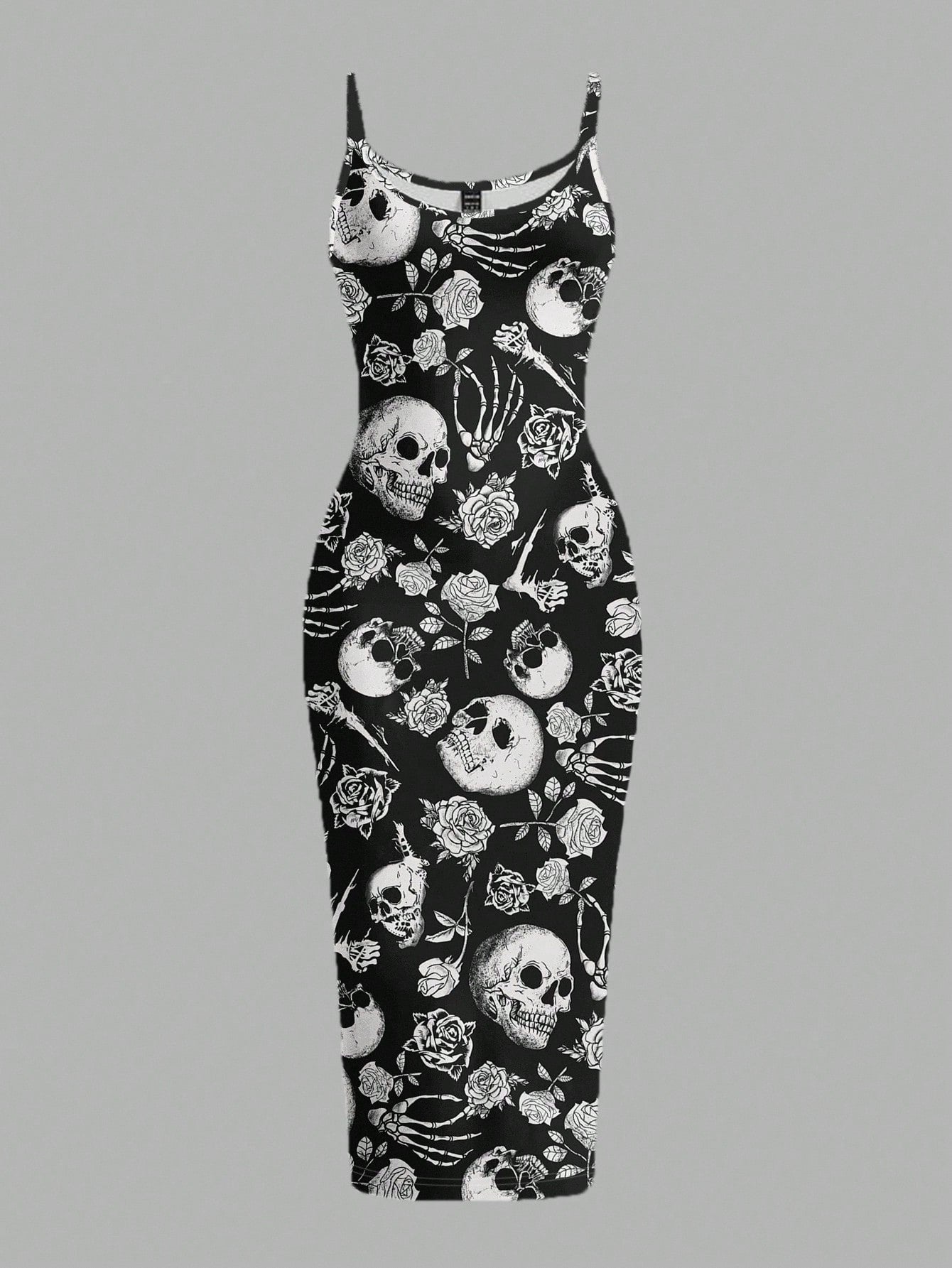 Women's gothic skull and rose bodycon midi slip dress featuring spaghetti straps and a side split thigh hem.