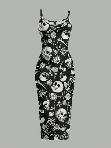Women's gothic skull and rose bodycon midi slip dress featuring spaghetti straps and a side split thigh hem.