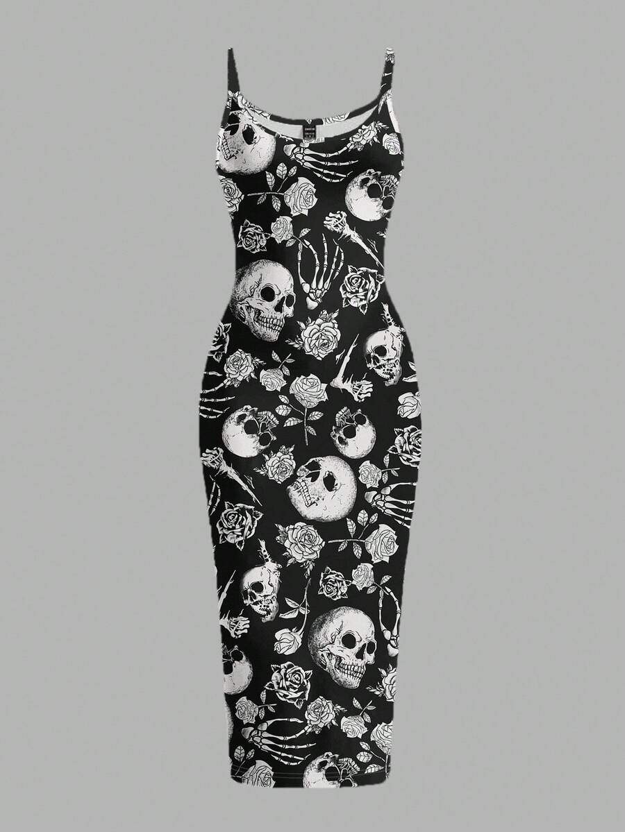 Women's gothic skull and rose bodycon midi slip dress featuring spaghetti straps and a side split thigh hem.