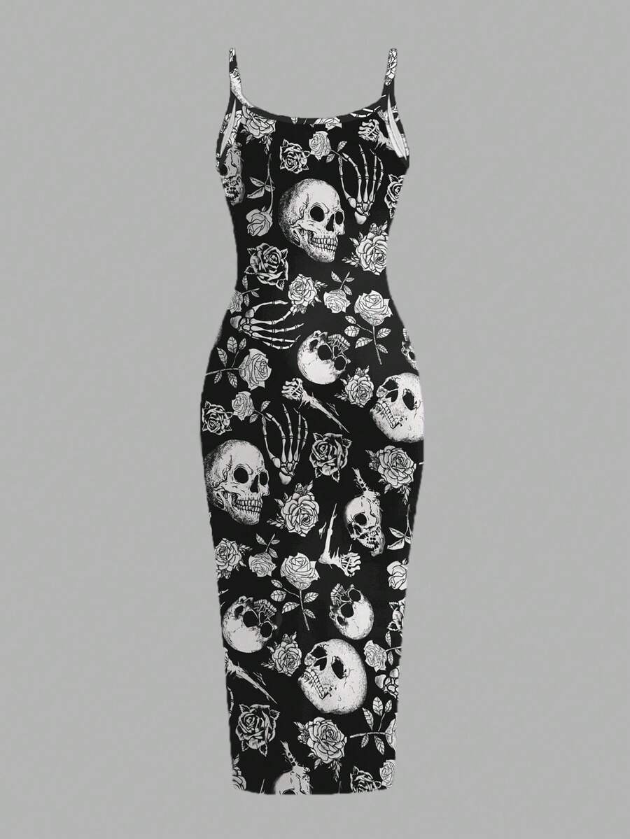 Women's gothic skull and rose bodycon midi slip dress featuring spaghetti straps and a side split thigh hem.