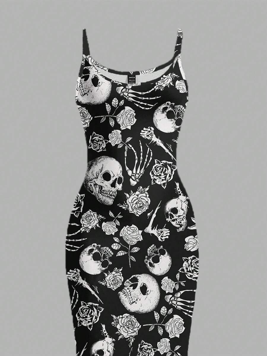Women's gothic skull and rose bodycon midi slip dress featuring spaghetti straps and a side split thigh hem.