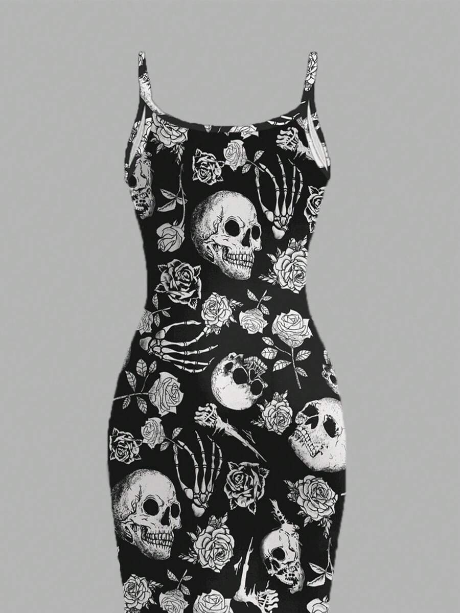 Women's gothic skull and rose bodycon midi slip dress featuring spaghetti straps and a side split thigh hem.