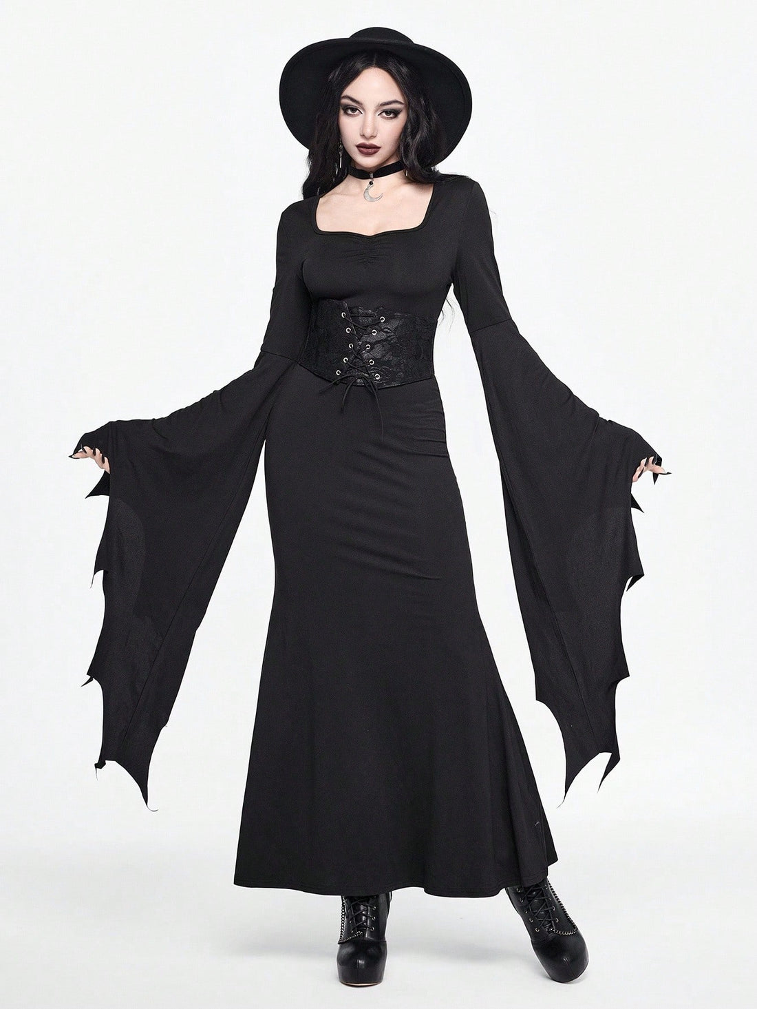 Black gothic long dress for women featuring extra-long flare sleeves, sweetheart neck with lace-up detail, high waist slim fit, and mermaid hem