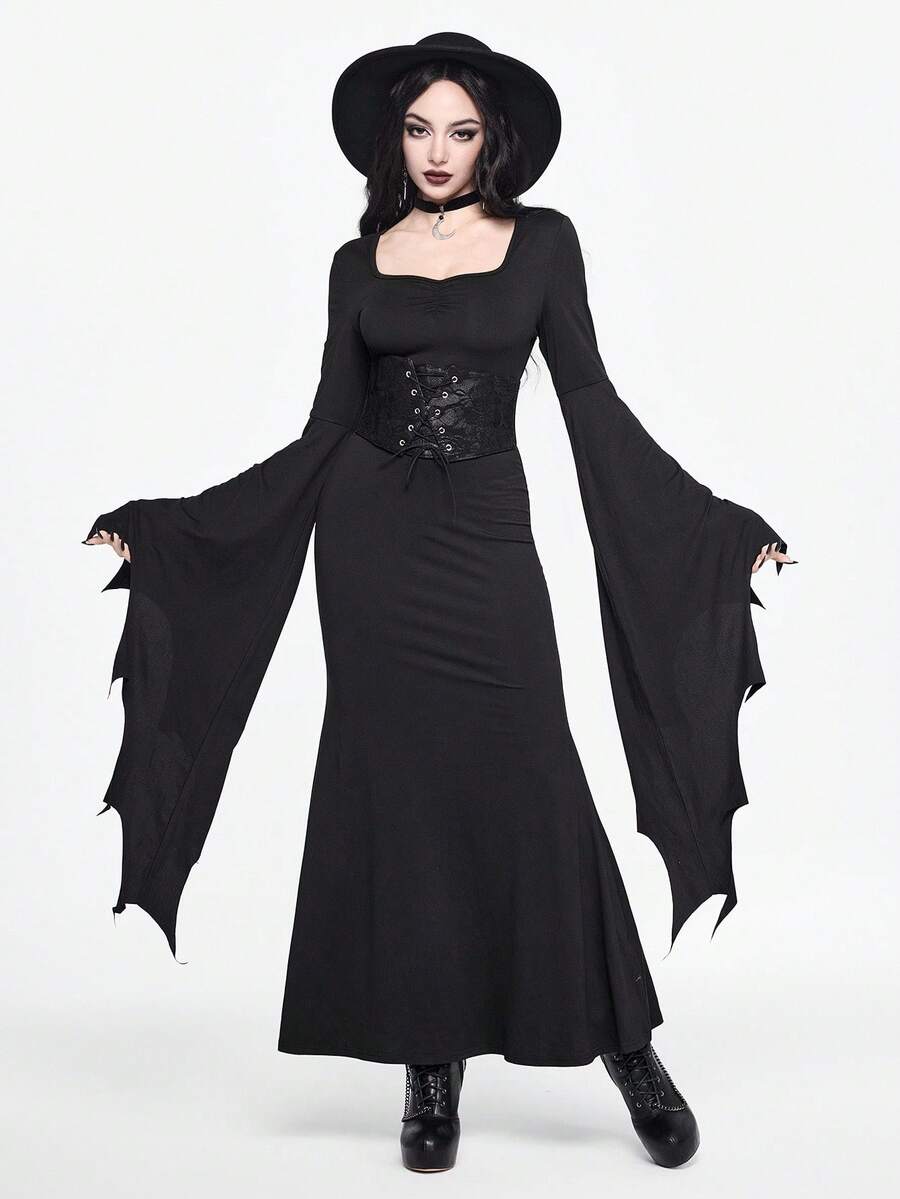 Black gothic long dress for women featuring extra-long flare sleeves, sweetheart neck with lace-up detail, high waist slim fit, and mermaid hem