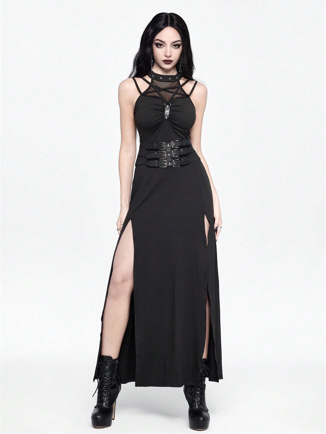 Black sleeveless halter bodycon midi dress for women featuring ruched detailing, a cut-out neckline, and a thigh split.