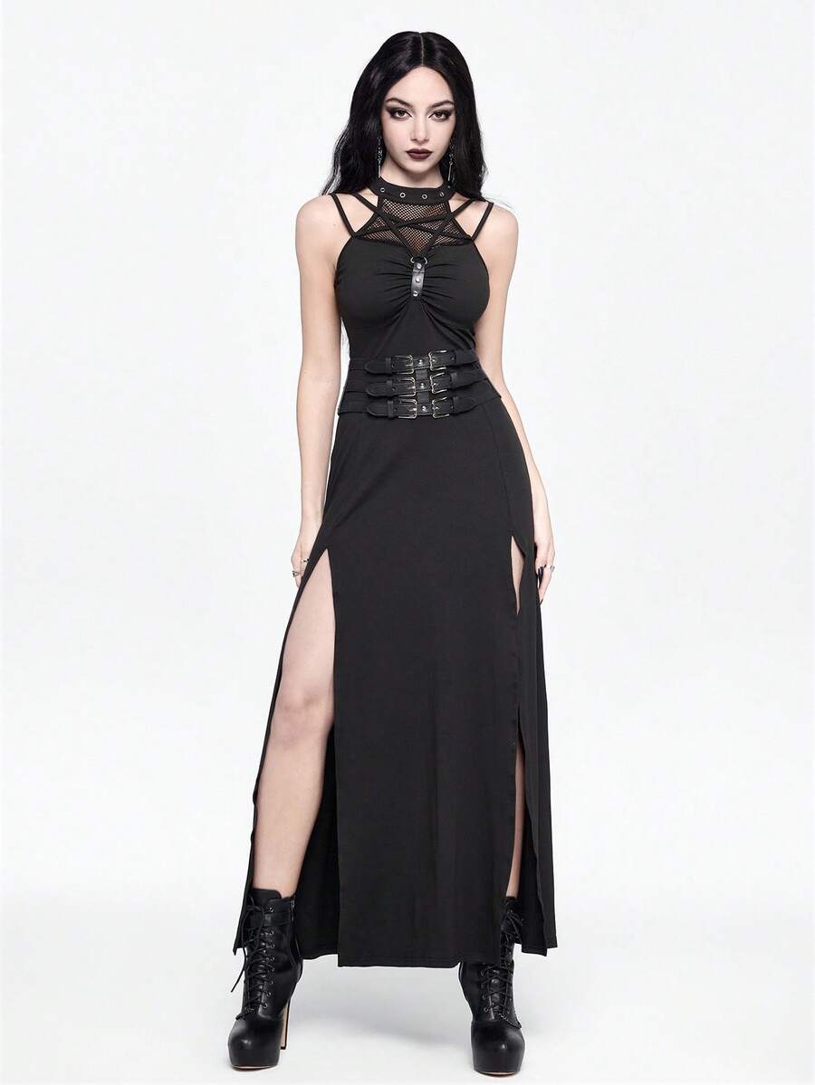 Black sleeveless halter bodycon midi dress for women featuring ruched detailing, a cut-out neckline, and a thigh split.