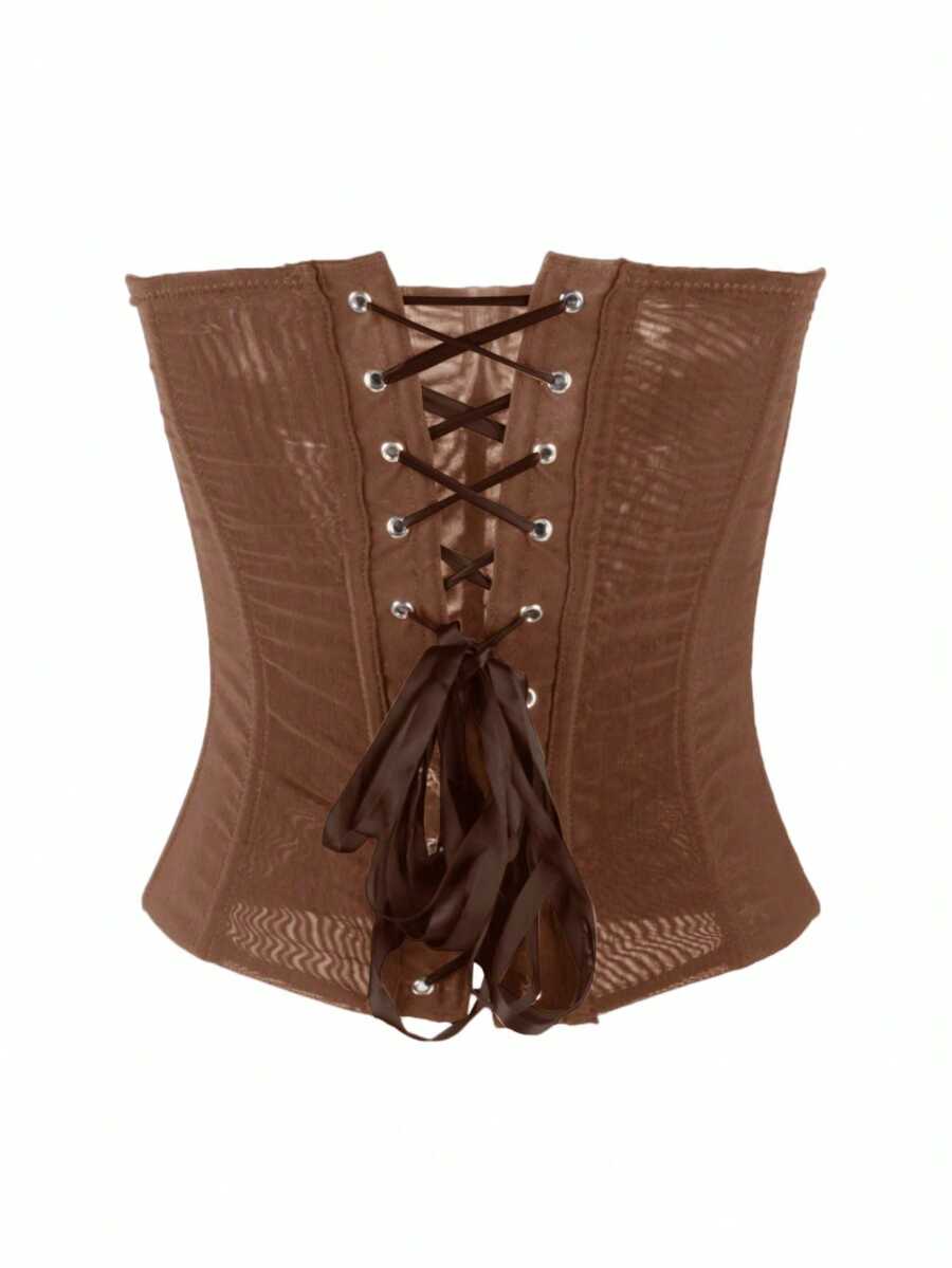 Black strapless mesh bustier top with a backless, semi-sheer design, slim fit, and crop length for women.