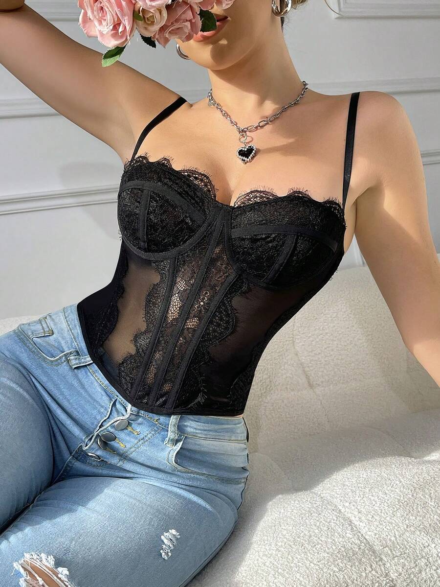 Women's black lace crop camisole featuring a deep V-neckline, slim fit silhouette, and matching arm sleeves.