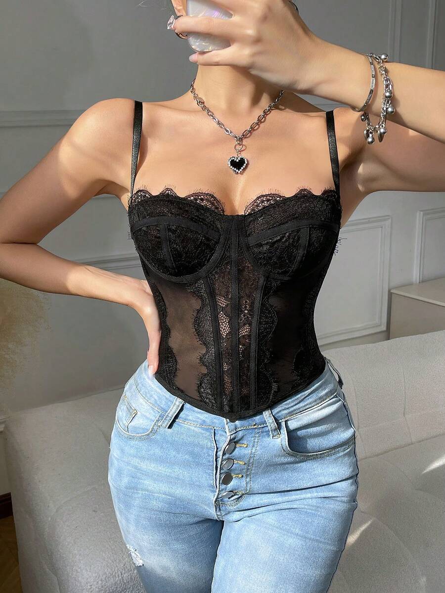 Women's black lace crop camisole featuring a deep V-neckline, slim fit silhouette, and matching arm sleeves.