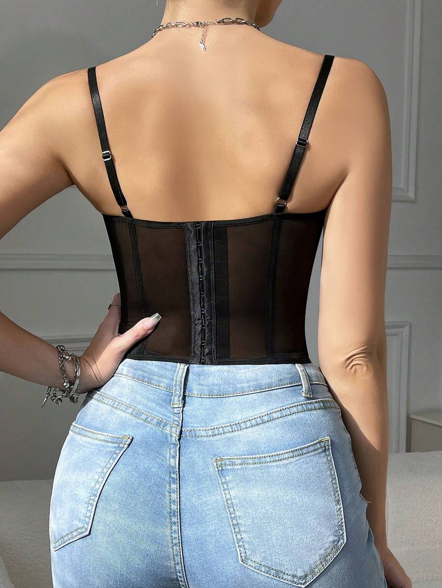 Women's black lace crop camisole featuring a deep V-neckline, slim fit silhouette, and matching arm sleeves.