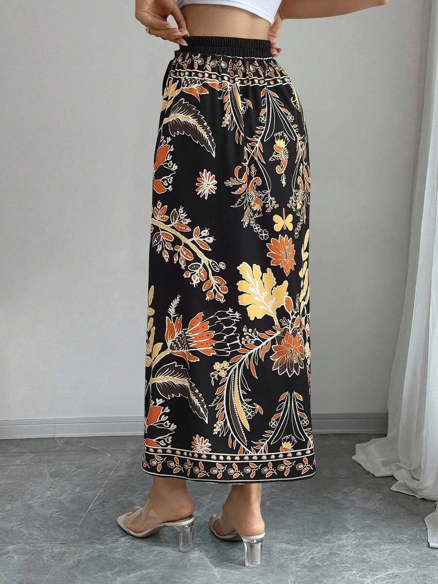women's multicolor floral print wrap skirt featuring a high-waisted tie belt, A-line long silhouette, and boho woven fabric.